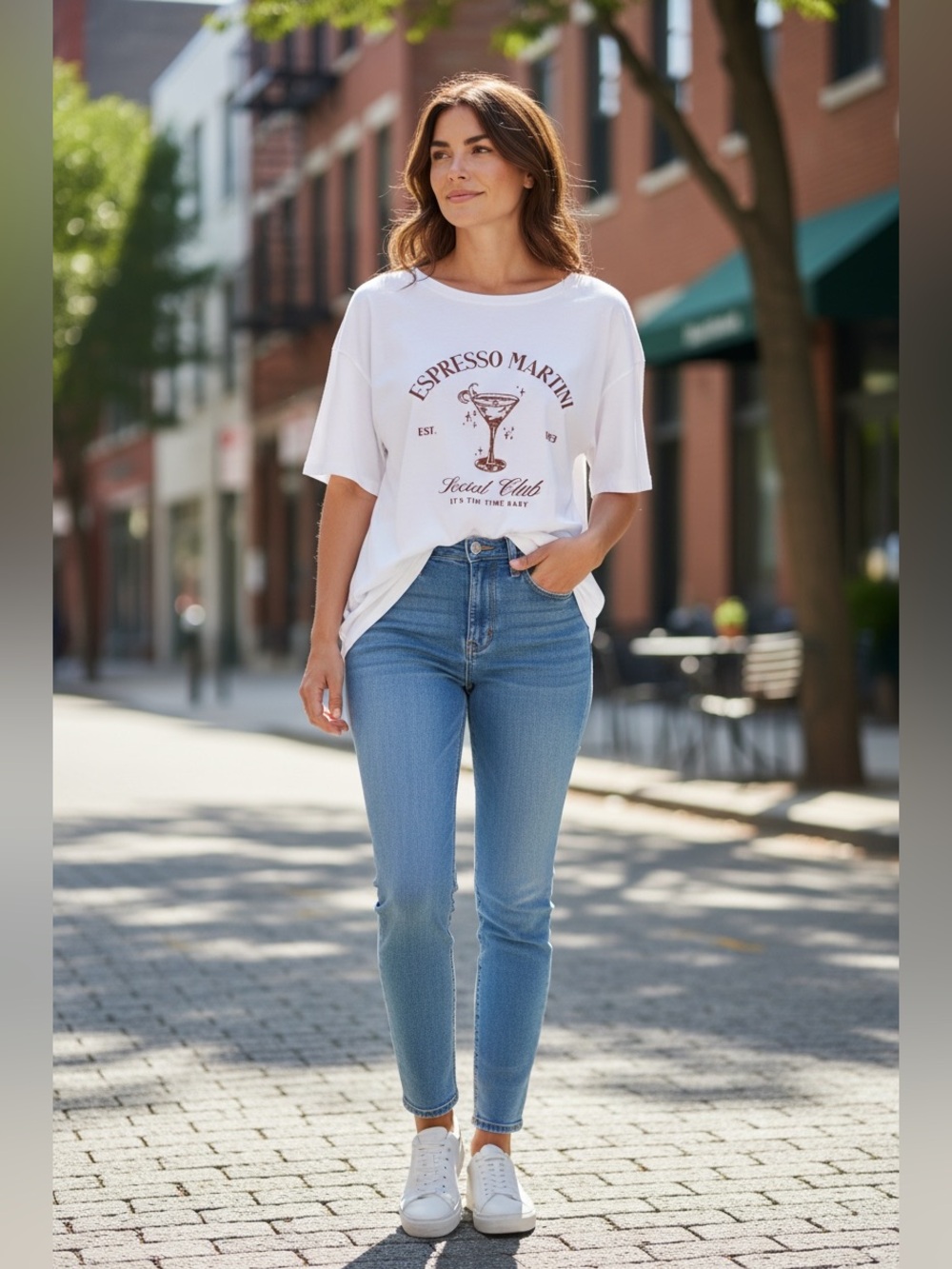 Relaxed Graphic Tee in White with Espresso Martini Print